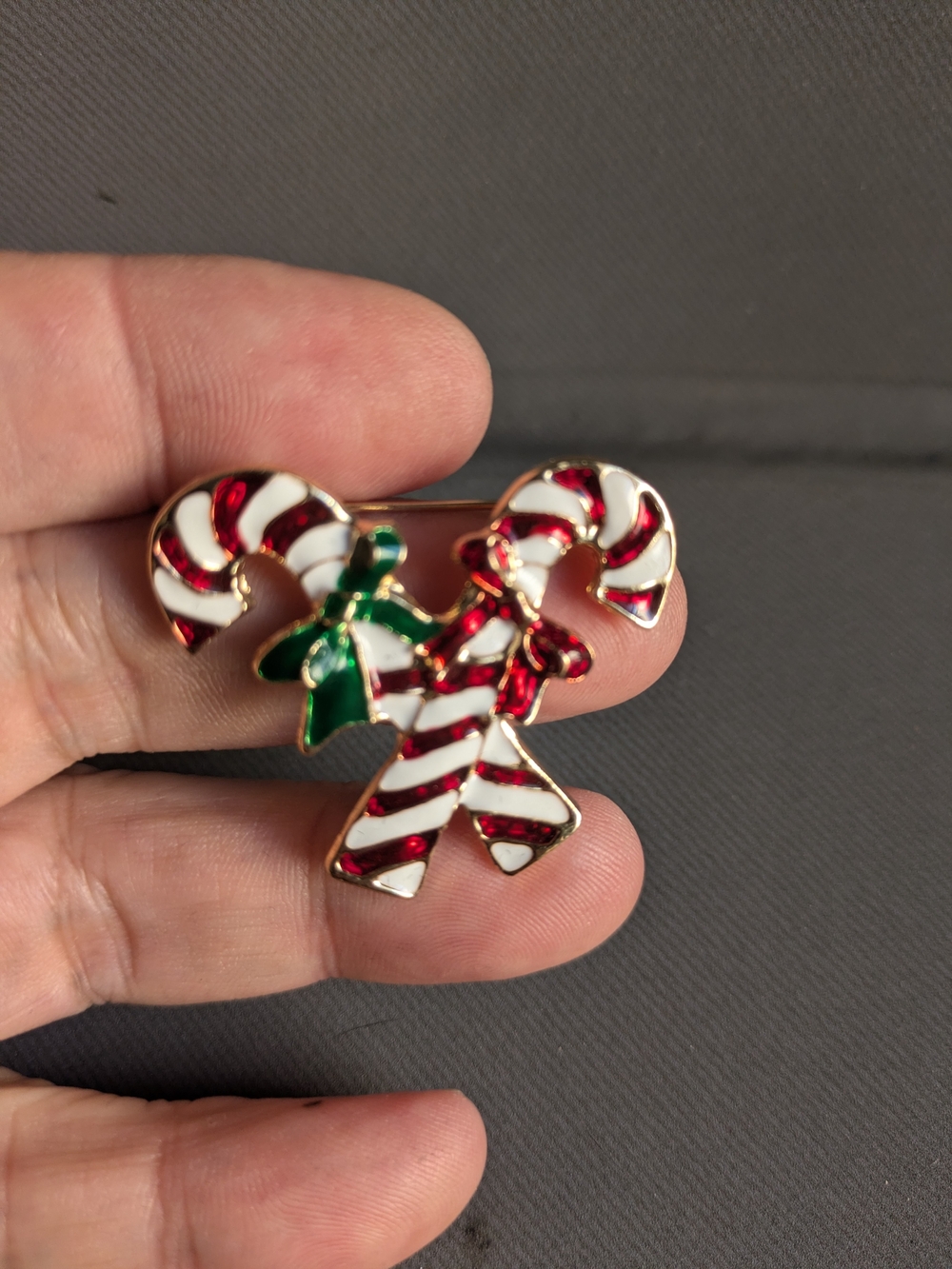 Festive Red & White Candy Cane Brooch with Green Bow